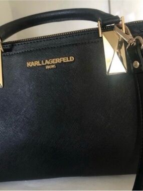 Karl Lagerfeld Black Saffiano Leather Satchel with Gold Hardware